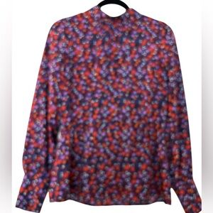 HALOGEN top, size small, long sleeves, red print, peplum, high collar, roomy fit